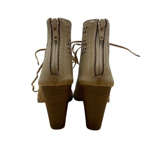 Restricted Womens Beige Peep-Toe Lace-Up Back Zipper Heeled Sandals Sz 8.5 - Picture 4 of 8